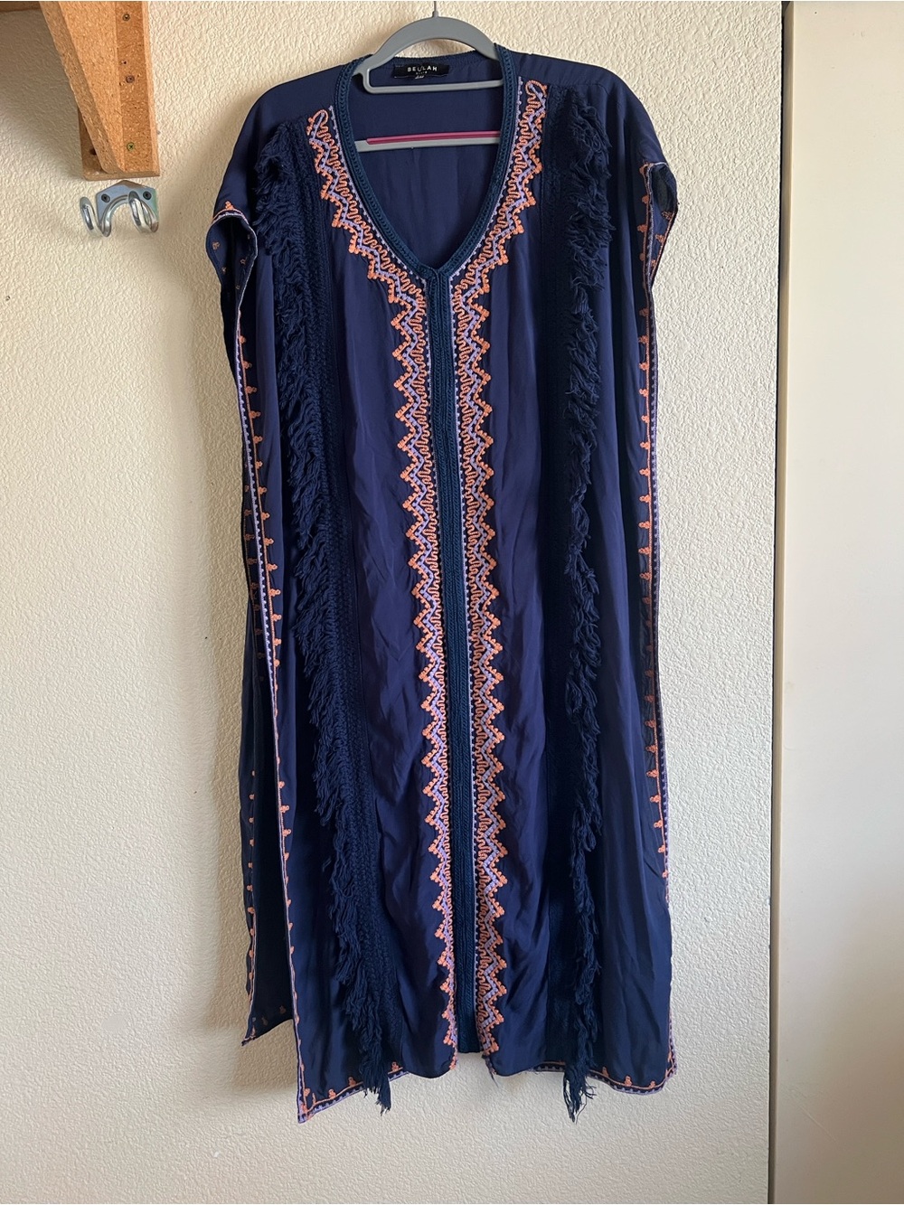 Beulah Style Navy Fringe-Trim Embroidered Duster with Pink Accents